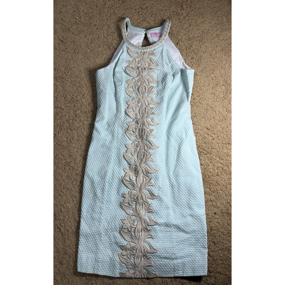 Lilly Pulitzer Pearl Shift Dress Women XS Whisper Blue with Gold Trim Midi